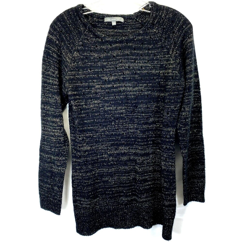 NY Collection Women Sweater Sz. M Knit w/Crocheting Black/Gold Flex Long Sleeve*